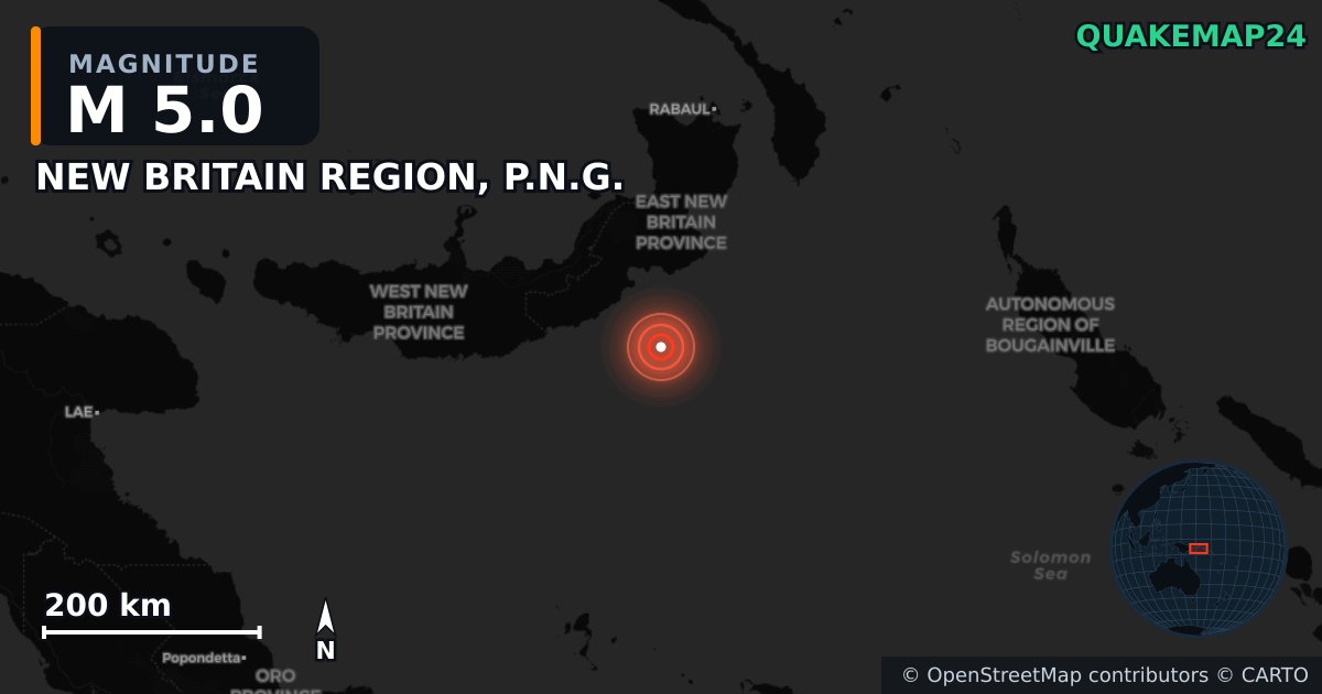 M5.0 earthquake near NEW BRITAIN REGION, P.N.G. on Jun 23, 2025 — map of epicenter and shaking intensity | QuakeMap24