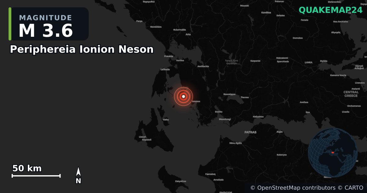 M3.6 earthquake near Periphereia Ionion Neson on Dec 17, 2025 — map of epicenter and shaking intensity | QuakeMap24