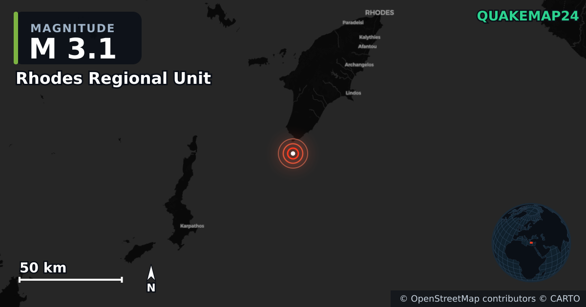 M3.1 earthquake near Rhodes Regional Unit on Aug 15, 2026 — map of epicenter and shaking intensity | QuakeMap24