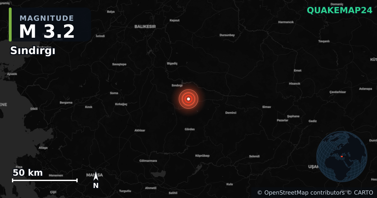 M3.2 earthquake near Sındırgı on Nov 10, 2025 — map of epicenter and shaking intensity | QuakeMap24