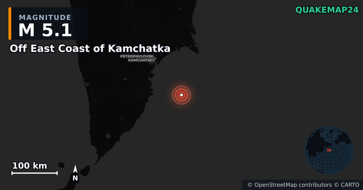 M5.1 earthquake near Off East Coast of Kamchatka on Jun 5, 2026 — map of epicenter and shaking intensity | QuakeMap24