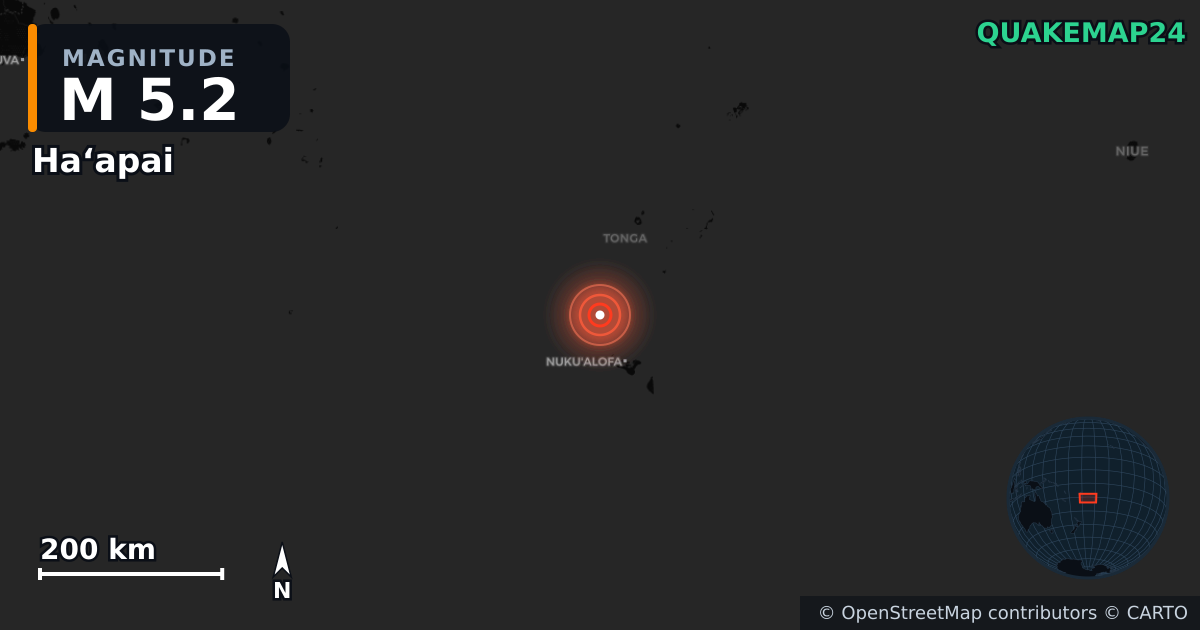 M5.2 earthquake near Haʻapai on Aug 10, 2025 — map of epicenter and shaking intensity | QuakeMap24