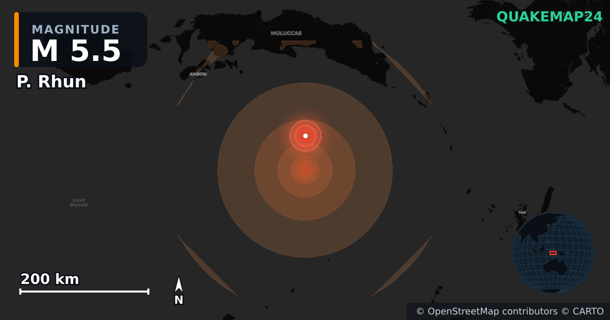 M5.5 earthquake near P. Rhun on Aug 24, 2026 — map of epicenter and shaking intensity | QuakeMap24