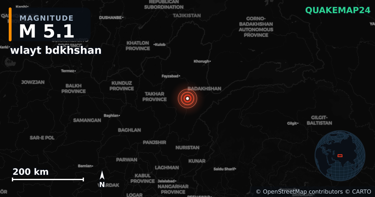 M5.1 earthquake near wlayt bdkhshan on Aug 19, 2025 — map of epicenter and shaking intensity | QuakeMap24