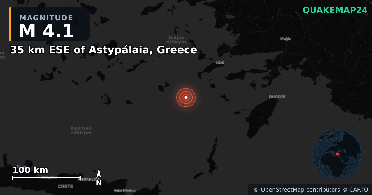 M4.1 earthquake near 35 km ESE of Astypálaia, Greece on Mar 11, 2025 — map of epicenter and shaking intensity | QuakeMap24