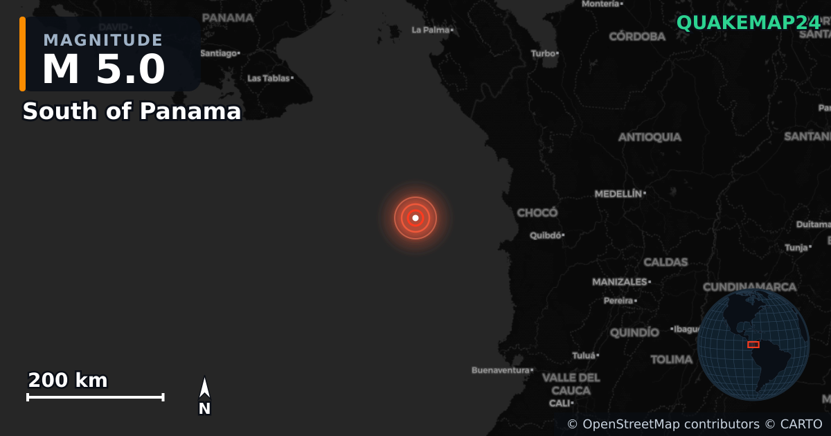 Erdbeben M5,0 bei South of Panama — Karte der Lage des Epizentrums