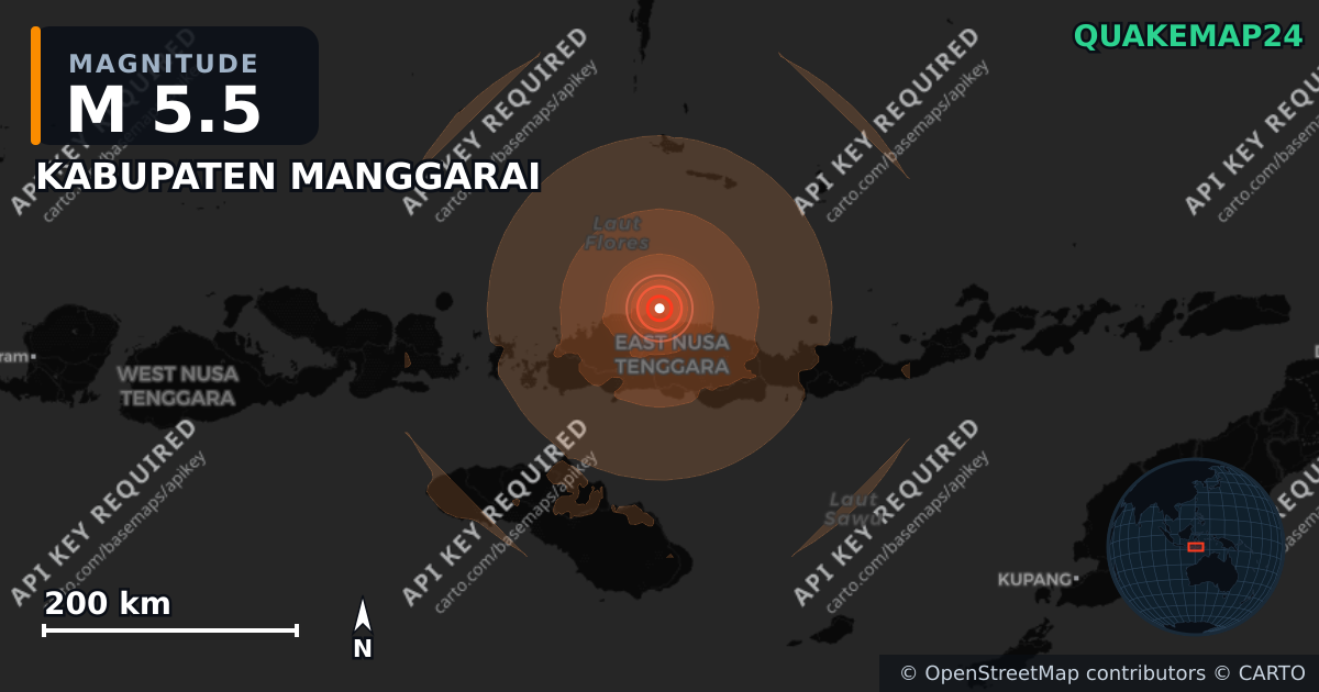 M5.5 earthquake near KABUPATEN MANGGARAI on Aug 31, 2026 — map of epicenter and shaking intensity | QuakeMap24