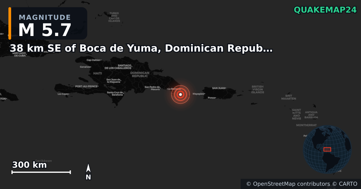 M5.7 earthquake near 38 km SE of Boca de Yuma, Dominican Republic on Aug 5, 2025 — map of epicenter and shaking intensity | QuakeMap24
