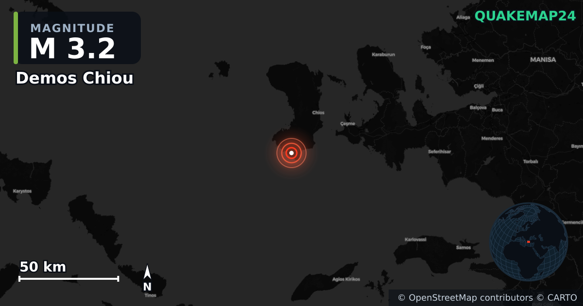 M3.2 earthquake near Demos Chiou on Jan 29, 2026 — map of epicenter and shaking intensity | QuakeMap24