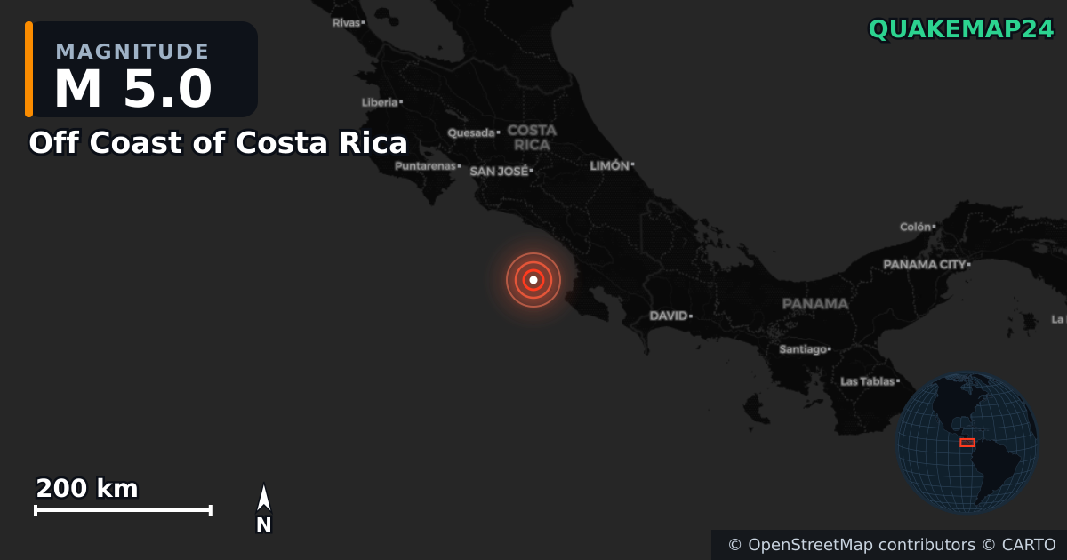 M5.0 earthquake near Off Coast of Costa Rica on Nov 17, 2025 — map of epicenter and shaking intensity | QuakeMap24