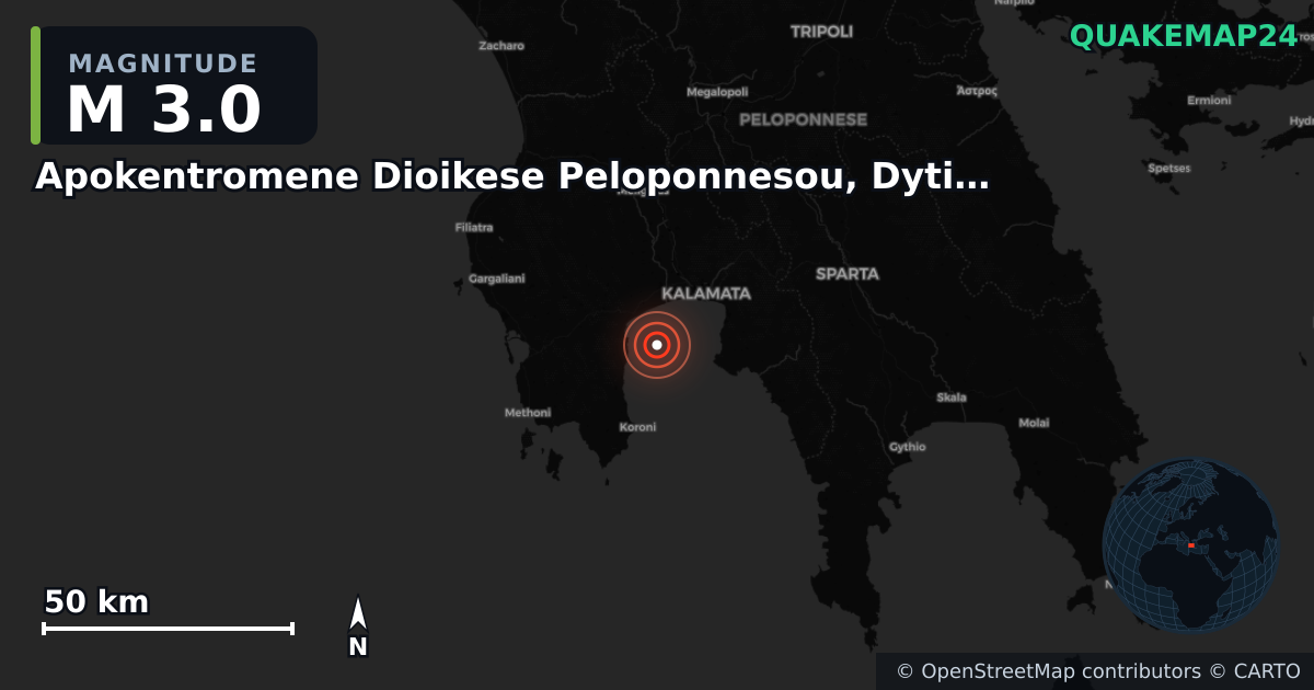 M3.0 earthquake near Apokentromene Dioikese Peloponnesou, Dytikes Elladas kai Ioniou on Aug 12, 2025 — map of epicenter and shaking intensity | QuakeMap24