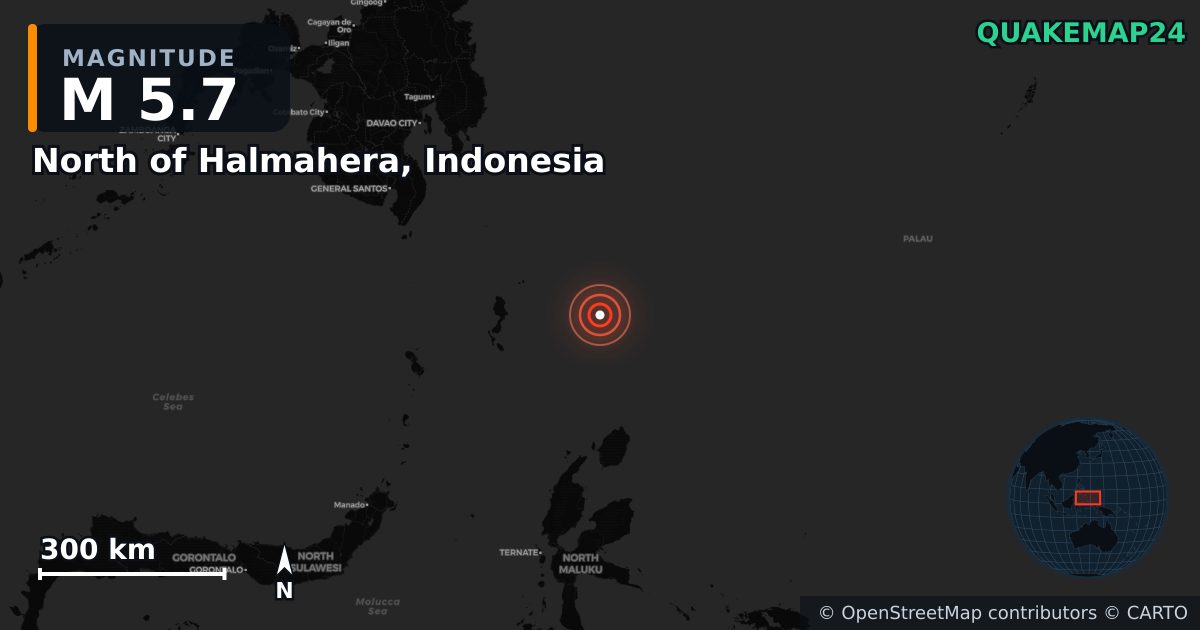 M5.7 Earthquake near North of Halmahera, Indonesia · 2026-02-13 — Map showing the location of the epicenter