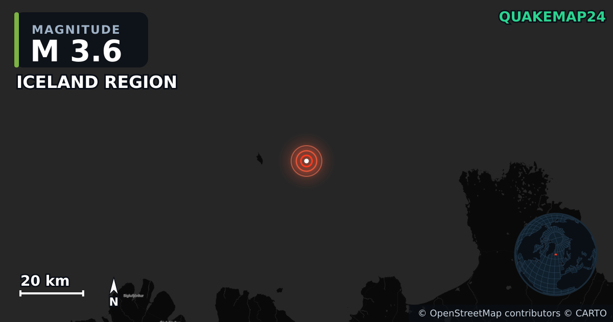 M3.6 earthquake near ICELAND REGION on May 13, 2025 — map of epicenter and shaking intensity | QuakeMap24