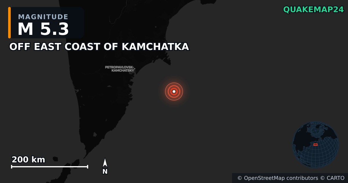 M5.3 earthquake near OFF EAST COAST OF KAMCHATKA on Jul 30, 2025 — map of epicenter and shaking intensity | QuakeMap24
