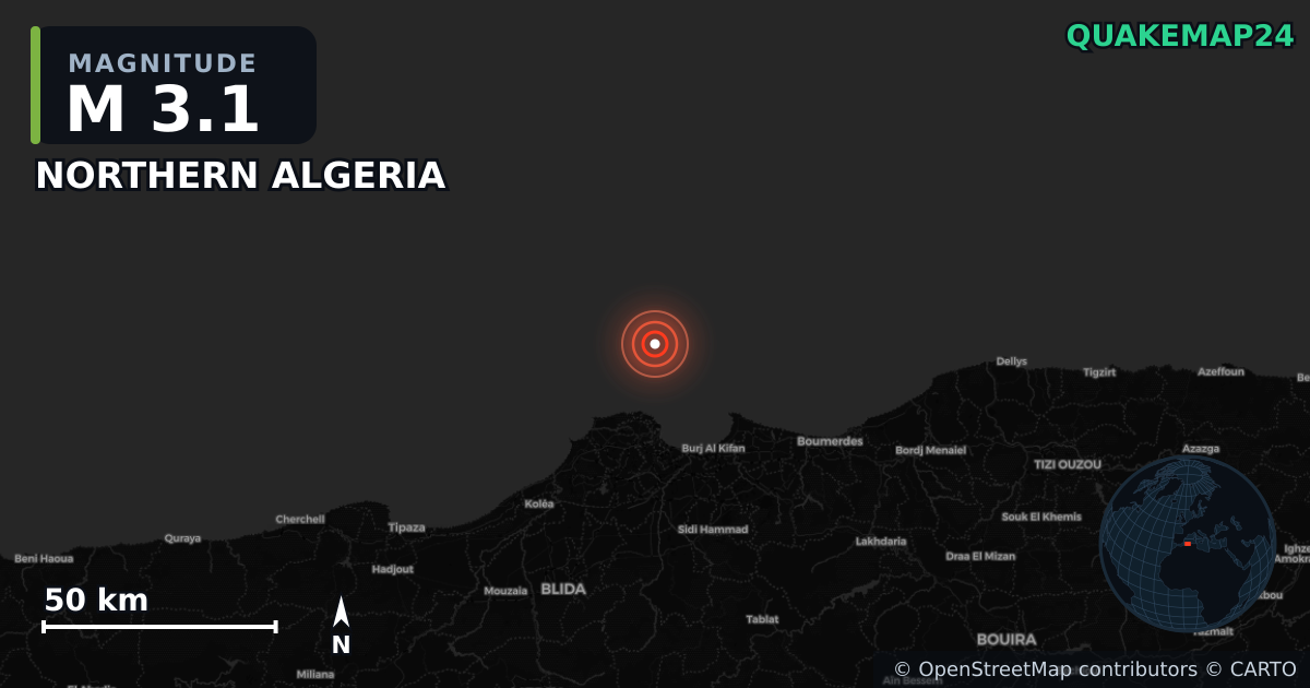 M3.1 earthquake near NORTHERN ALGERIA on May 27, 2025 — map of epicenter and shaking intensity | QuakeMap24