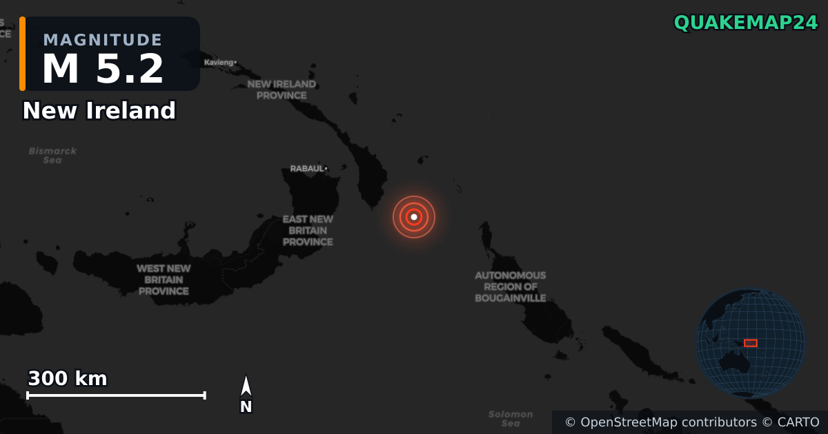 M5.2 earthquake near New Ireland on Sep 4, 2025 — map of epicenter and shaking intensity | QuakeMap24