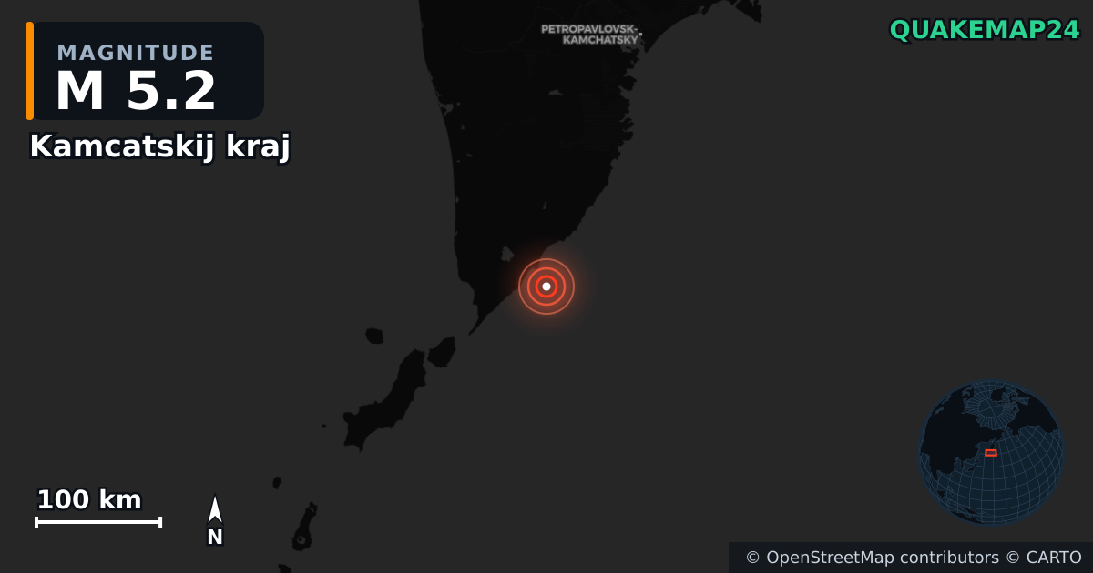 M5.2 earthquake near Kamcatskij kraj on Jul 30, 2025 — map of epicenter and shaking intensity | QuakeMap24