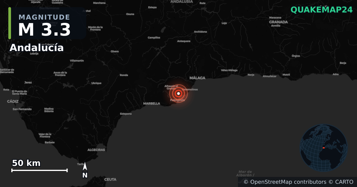 M3.3 earthquake near Andalucía on Oct 18, 2025 — map of epicenter and shaking intensity | QuakeMap24