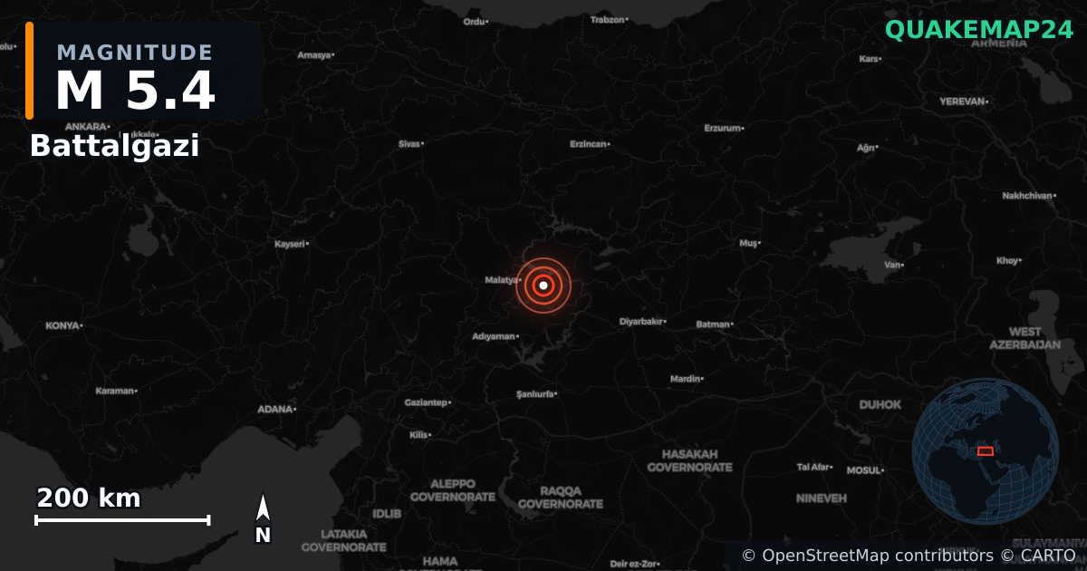 M5.4 earthquake near Battalgazi on May 20, 2026 — map of epicenter and shaking intensity | QuakeMap24