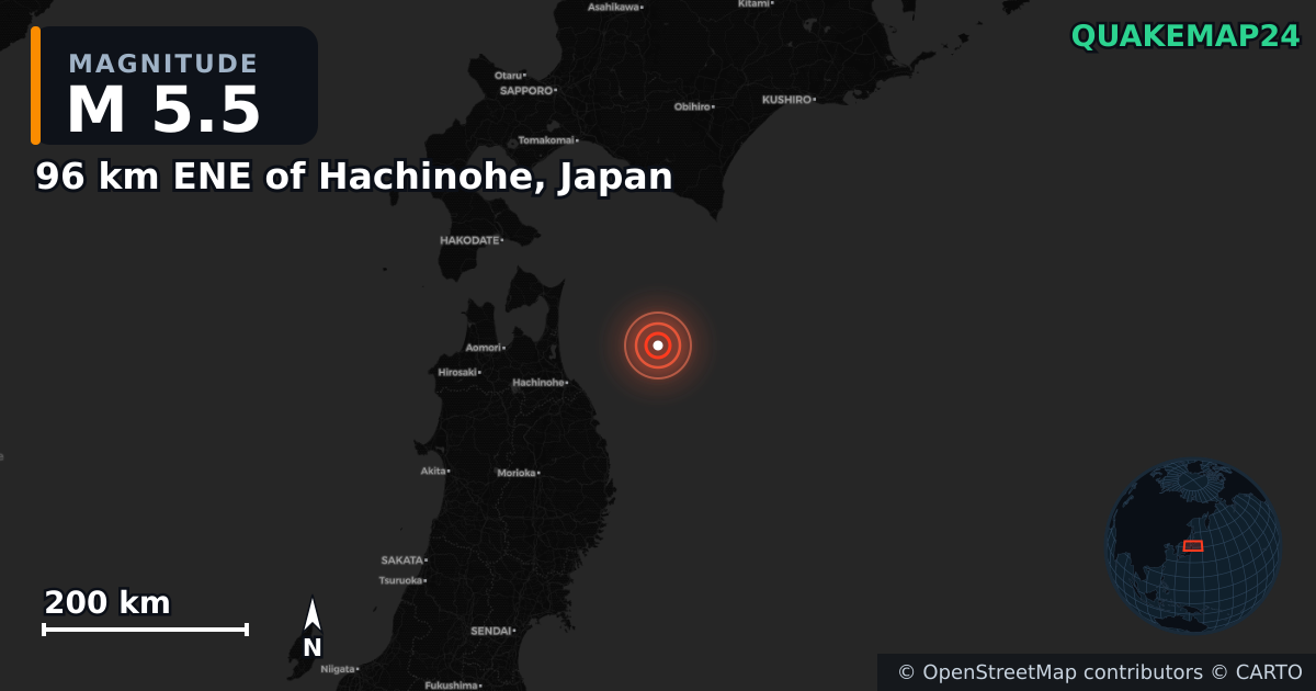 M5.5 earthquake near 96 km ENE of Hachinohe, Japan on Dec 8, 2025 — map of epicenter and shaking intensity | QuakeMap24