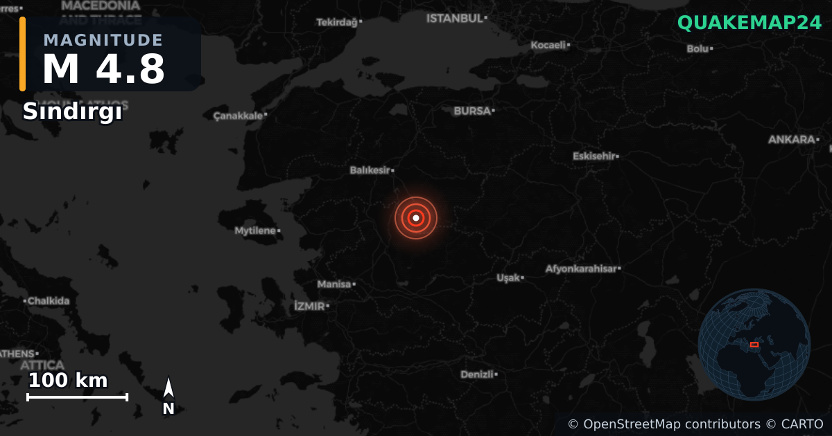 M4.8 earthquake near Sındırgı on Aug 24, 2025 — map of epicenter and shaking intensity | QuakeMap24