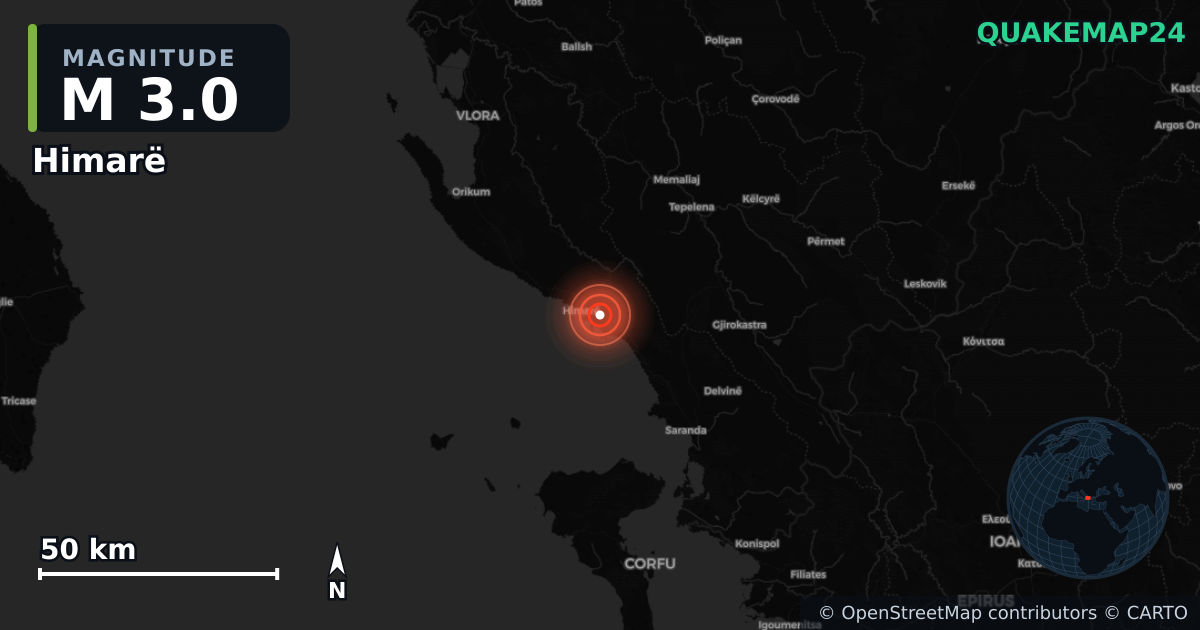 M3.0 earthquake near Himarë on Jun 24, 2025 — map of epicenter and shaking intensity | QuakeMap24