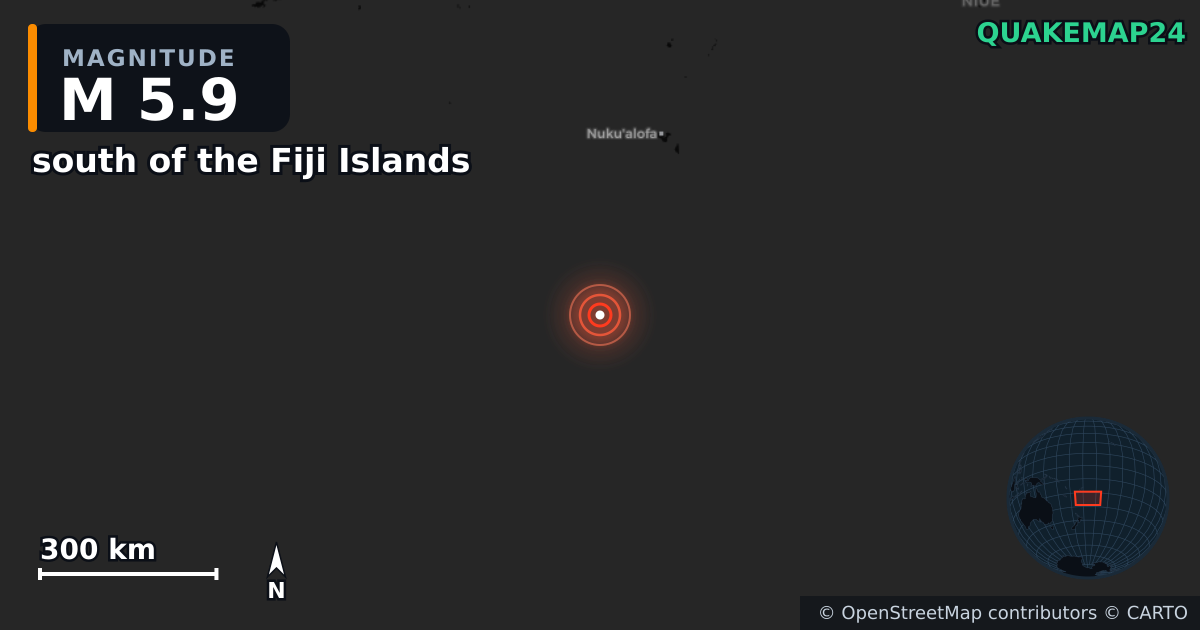 M5.9 earthquake near south of the Fiji Islands on Feb 7, 2025 — map of epicenter and shaking intensity | QuakeMap24