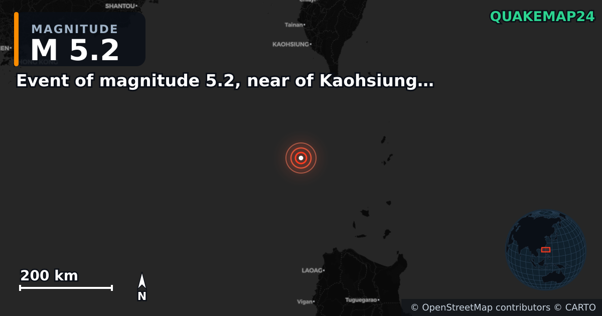 M5.2 earthquake near Event of magnitude 5.2, near of Kaohsiung (Monde) on Feb 11, 2026 — map of epicenter and shaking intensity | QuakeMap24