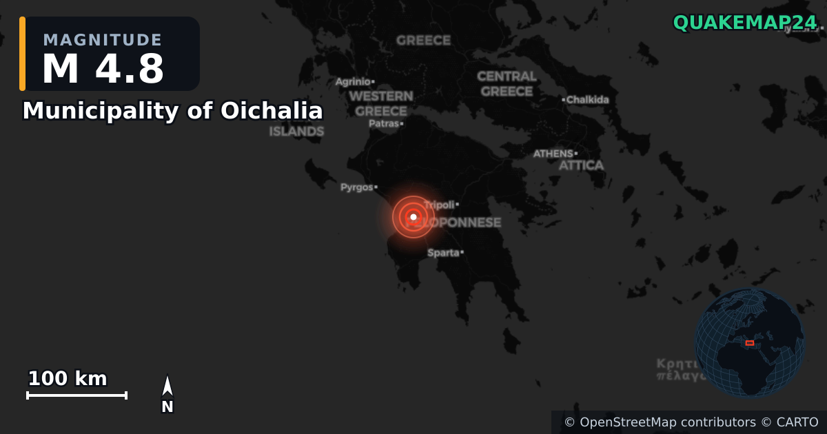 M4.8 earthquake near Municipality of Oichalia on Mar 9, 2025 — map of epicenter and shaking intensity | QuakeMap24