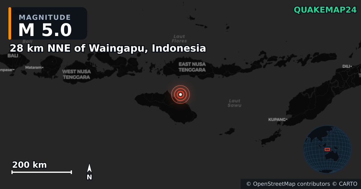 M5.0 earthquake near 28 km NNE of Waingapu, Indonesia on Feb 23, 2025 — map of epicenter and shaking intensity | QuakeMap24