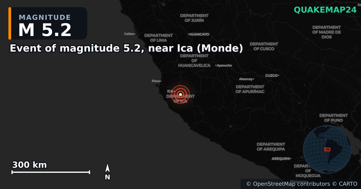 M5.2 earthquake near Event of magnitude 5.2, near Ica (Monde) on May 19, 2026 — map of epicenter and shaking intensity | QuakeMap24