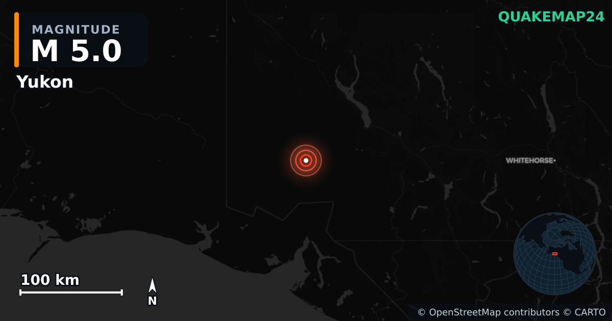 M5.0 earthquake near Yukon on Dec 10, 2025 — map of epicenter and shaking intensity | QuakeMap24