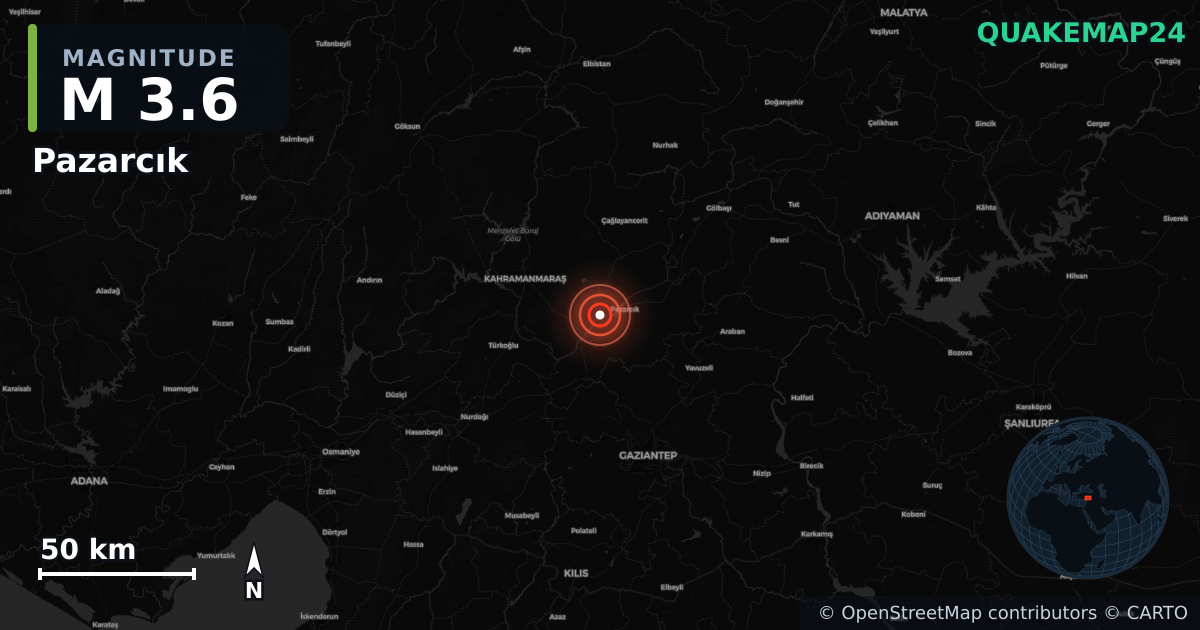 M3.6 earthquake near Pazarcık on Oct 31, 2025 — map of epicenter and shaking intensity | QuakeMap24