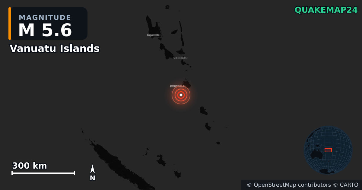 M5.6 earthquake near Vanuatu Islands on Jul 13, 2025 — map of epicenter and shaking intensity | QuakeMap24
