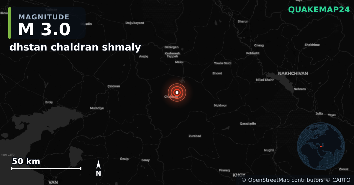 M3.0 earthquake near dhstan chaldran shmaly on Feb 19, 2026 — map of epicenter and shaking intensity | QuakeMap24