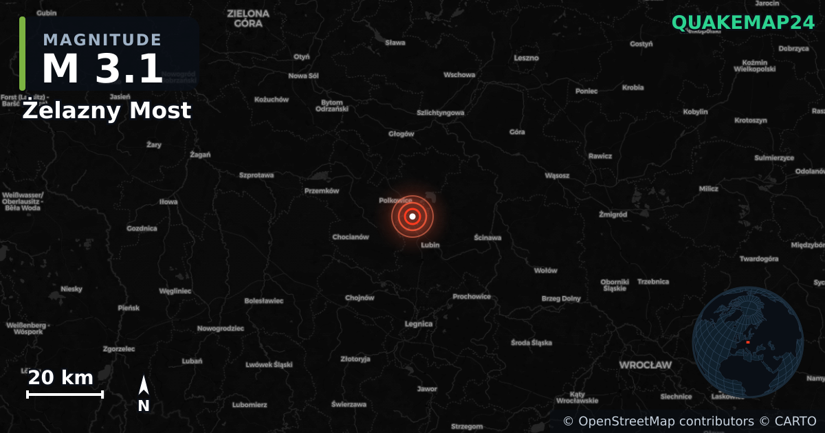 M3.1 earthquake near Żelazny Most on Jul 11, 2026 — map of epicenter and shaking intensity | QuakeMap24