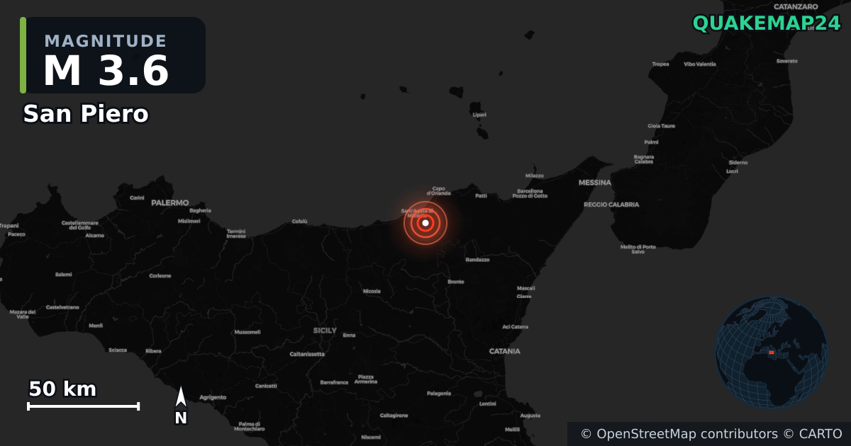 M3.6 earthquake near San Piero on Jan 20, 2026 — map of epicenter and shaking intensity | QuakeMap24