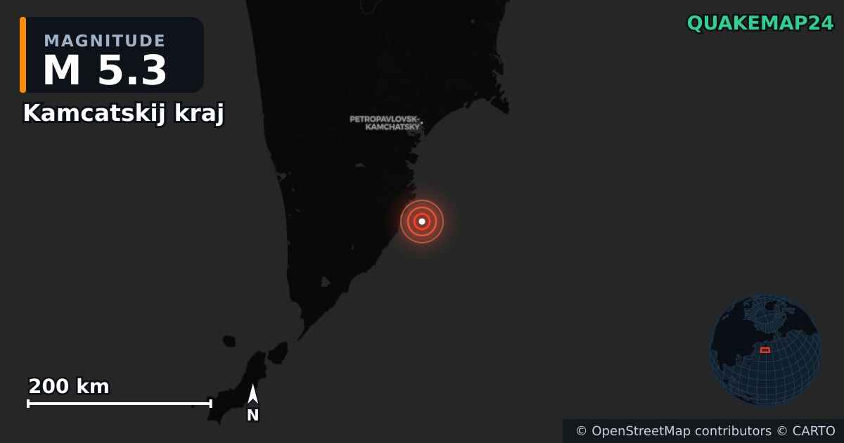 M5.3 earthquake near Kamcatskij kraj on Aug 8, 2025 — map of epicenter and shaking intensity | QuakeMap24