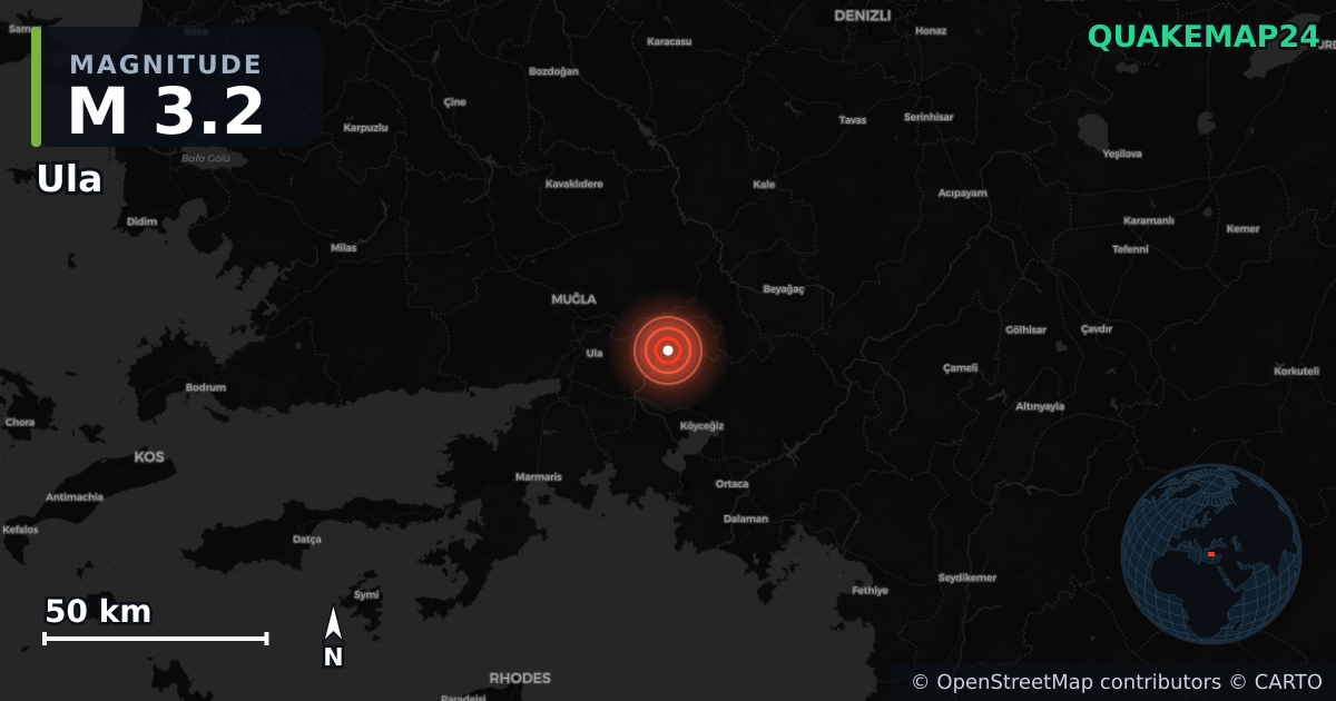 M3.2 earthquake near Ula on Oct 16, 2025 — map of epicenter and shaking intensity | QuakeMap24