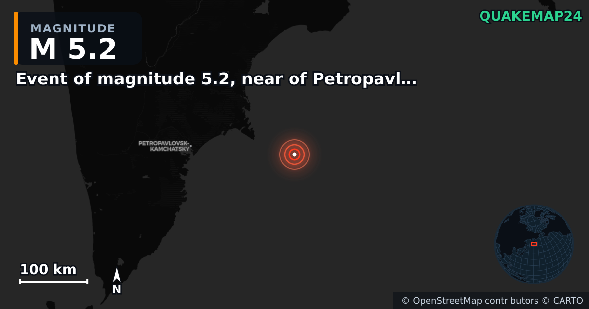 M5.2 earthquake near Event of magnitude 5.2, near of Petropavlovsk Kamchatskiy (Monde) on Sep 19, 2025 — map of epicenter and shaking intensity | QuakeMap24