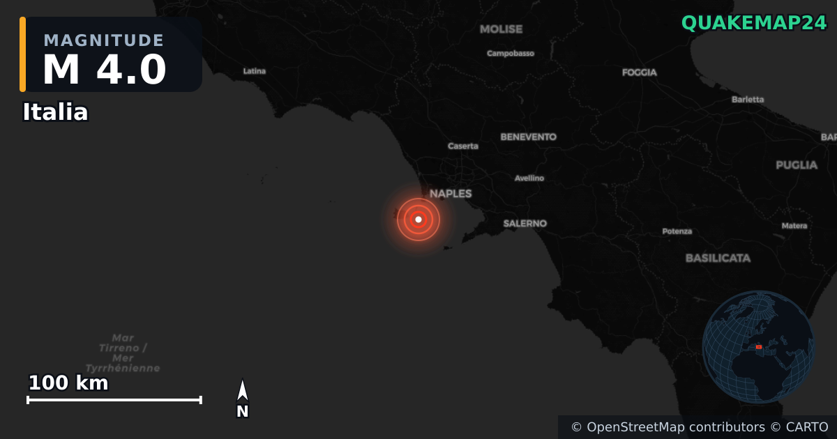 M4.0 earthquake near Italia on May 21, 2026 — map of epicenter and shaking intensity | QuakeMap24