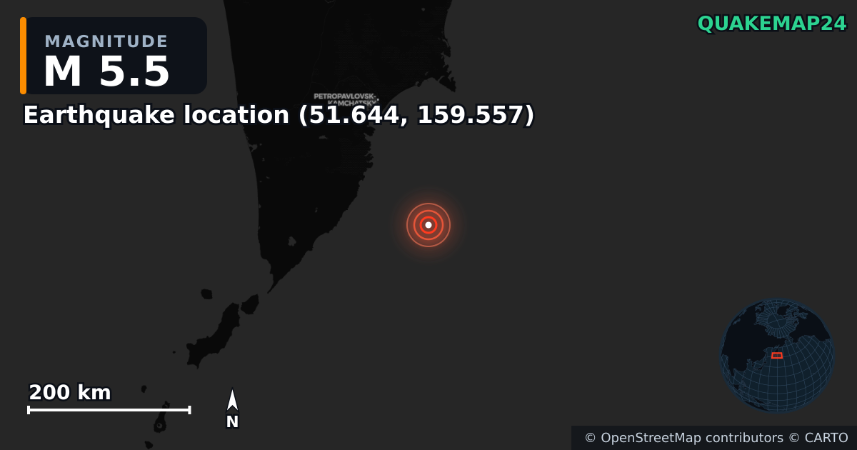 M5.5 earthquake near Deprem konumu (51.644, 159.557) on Sep 9, 2025 — map of epicenter and shaking intensity | QuakeMap24