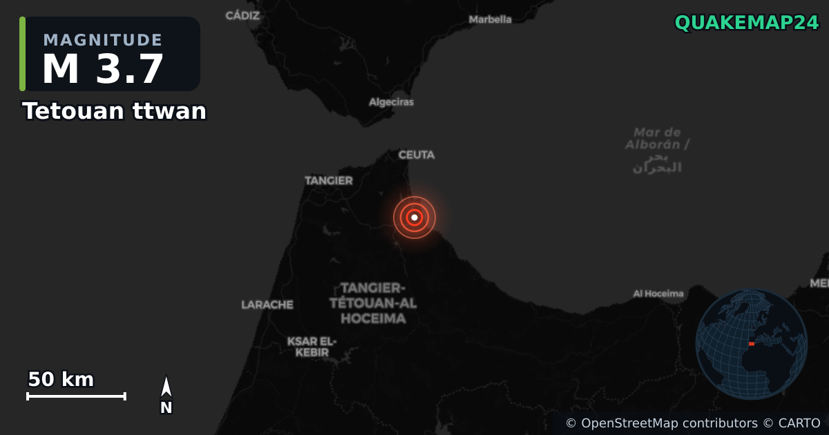 M3.7 earthquake near Tetouan ttwan on May 7, 2026 — map of epicenter and shaking intensity | QuakeMap24