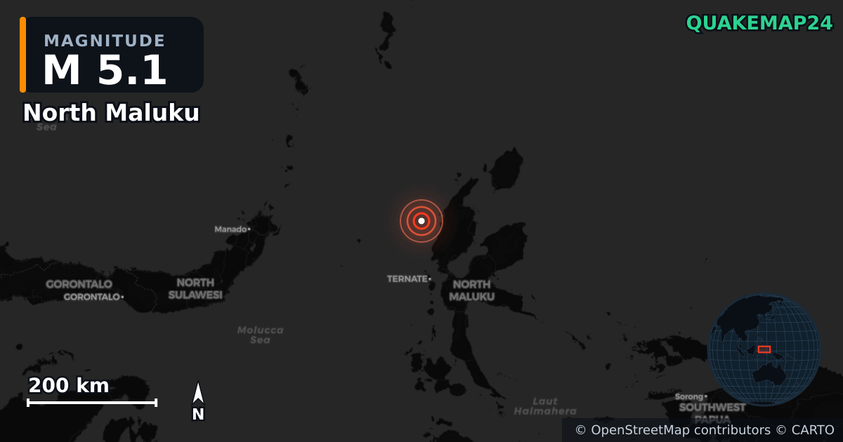 M5.1 earthquake near North Maluku on Jul 20, 2026 — map of epicenter and shaking intensity | QuakeMap24