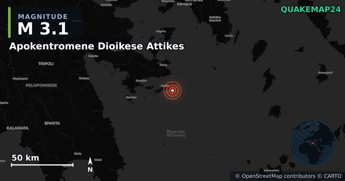 M3.1 earthquake near Apokentromene Dioikese Attikes on Nov 11, 2025 — map of epicenter and shaking intensity | QuakeMap24