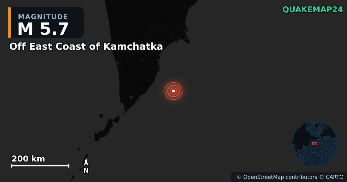 M5.7 earthquake near Off East Coast of Kamchatka on Sep 22, 2025 — map of epicenter and shaking intensity | QuakeMap24
