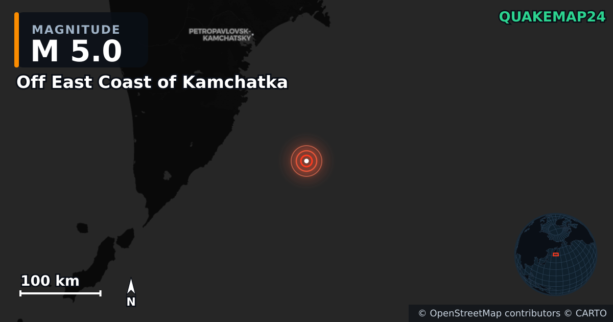 M5.0 earthquake near Off East Coast of Kamchatka on Mar 13, 2026 — map of epicenter and shaking intensity | QuakeMap24