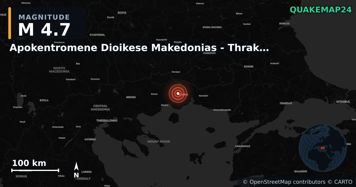 M4.7 earthquake near Apokentromene Dioikese Makedonias - Thrakes on Nov 5, 2025 — map of epicenter and shaking intensity | QuakeMap24