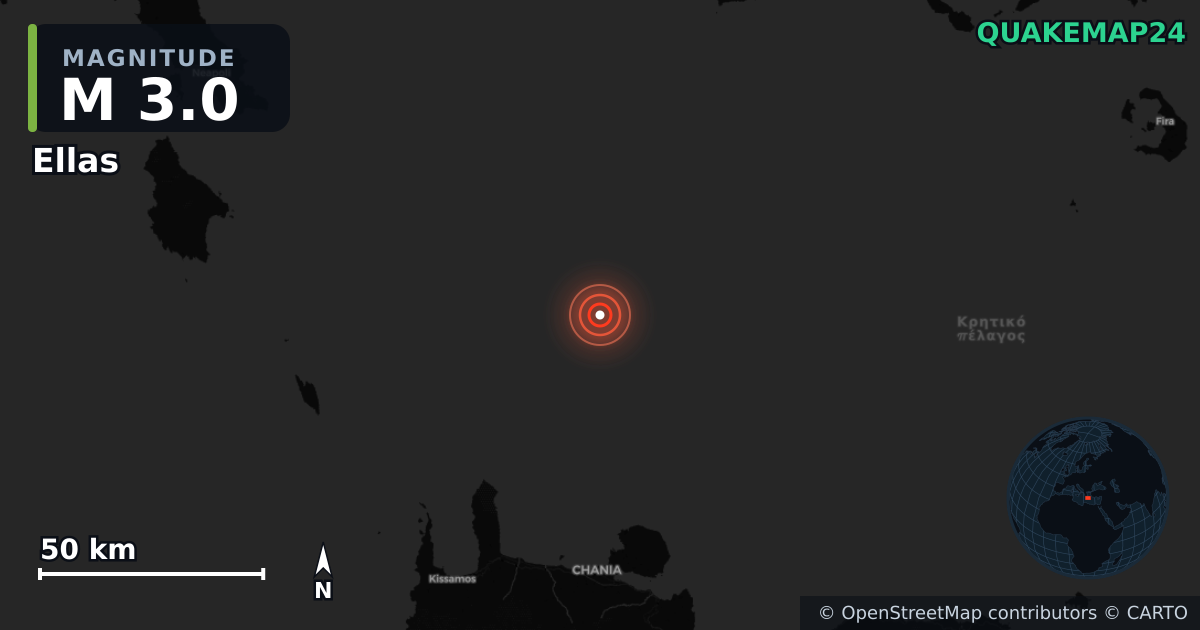 M3.0 earthquake near Ellas on Feb 1, 2026 — map of epicenter and shaking intensity | QuakeMap24