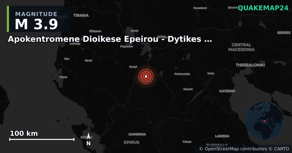 M3.9 earthquake near Apokentromene Dioikese Epeirou - Dytikes Makedonias on Aug 11, 2025 — map of epicenter and shaking intensity | QuakeMap24